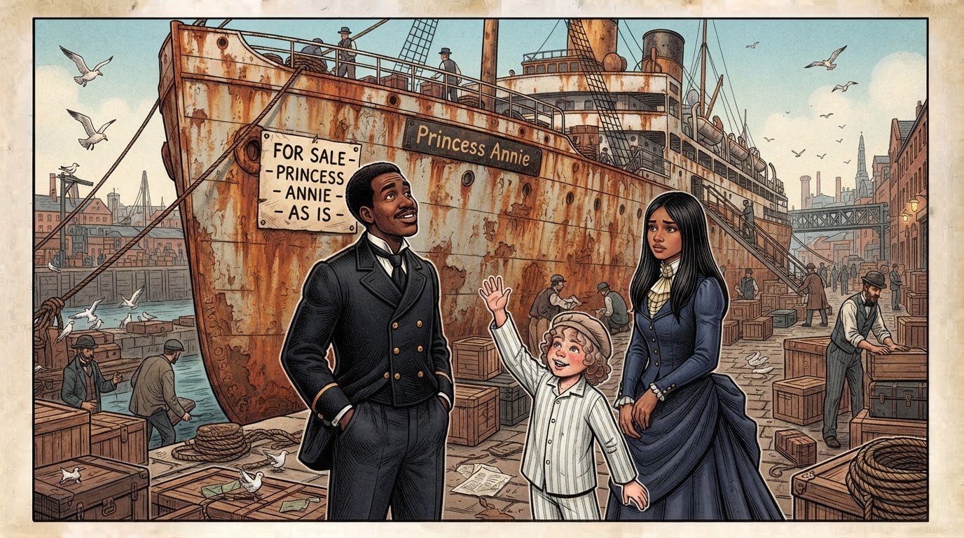 Cleet, Hattie Marie, and Annie Marie on the Liverpool docks beside a rusting steamship marked For Sale: Princess Annie, As Is. Cleet looks up delighted, Hattie Marie eyes the rust, and Annie Marie, in striped pyjamas, waves at the ship.
