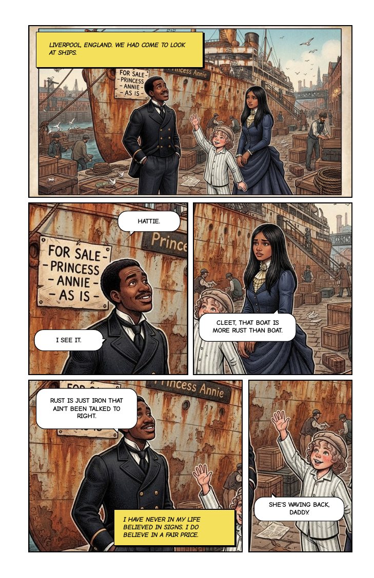 Page one: As Is. The family finds the Princess Annie for sale on the Liverpool docks.