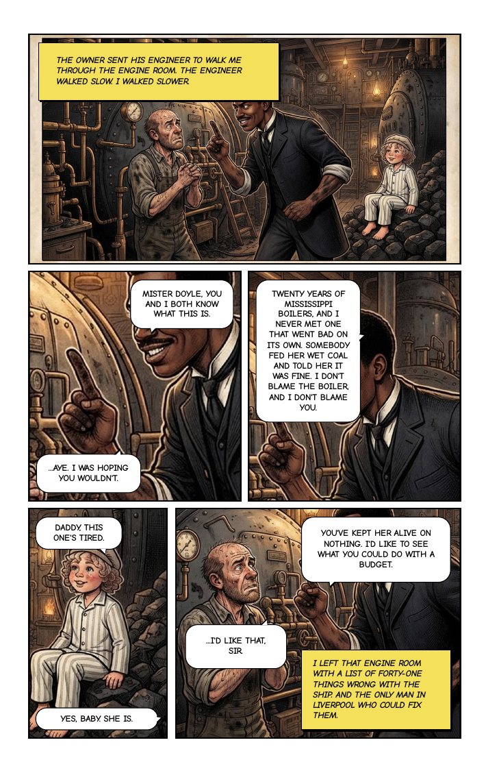 Page two: Forty-One Things. Cleet inspects the engine room with the ship's engineer, Doyle.
